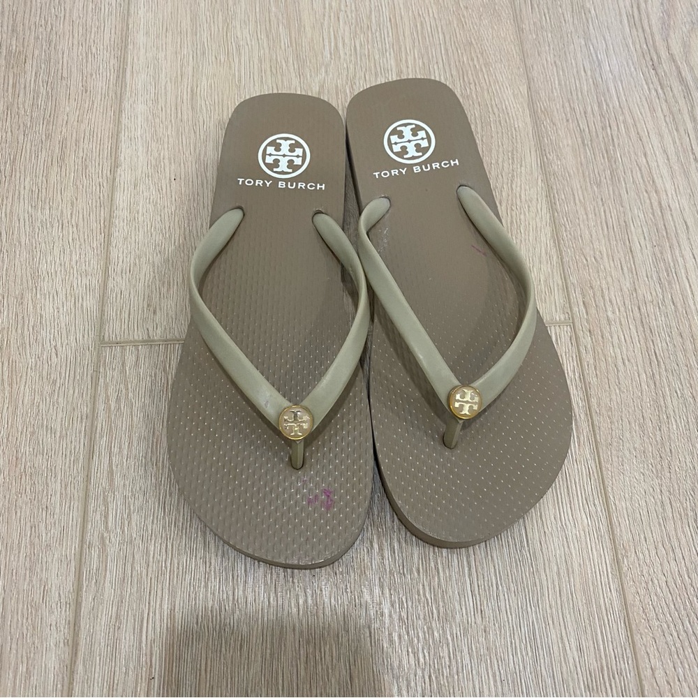 Tory Burch Tan Logos Flip Flops